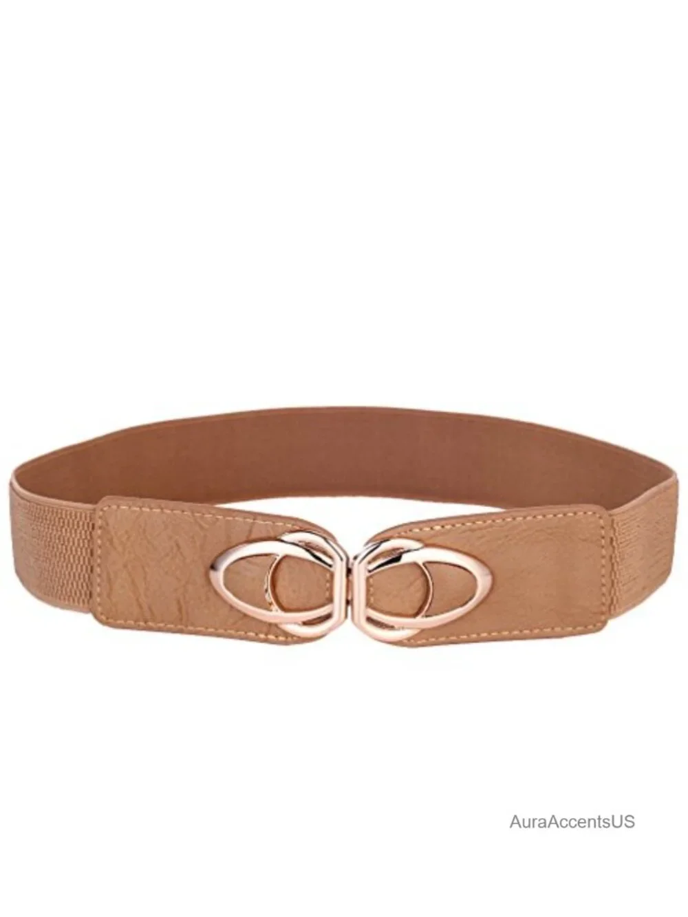 Elastic Stretch Cinch Belt - Faux Leather Buckle, Gold Accent